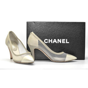 Auth CHANEL Nude Peekaboo Mesh & Leather Gold Cap Toe Back CC Logo Pump Size 37C